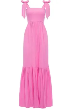 Swing Różowa długa sukienka maxi Dreamy z kokardkami na ramiączkach | rozmiar XS/S, , S