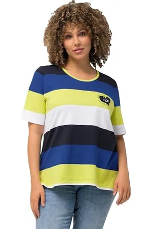 Ulla Popken Odzież damska Plus Size Curvy Striped Haftowane Logo Koszulka z krótkim rękawem 828316, , 46-48