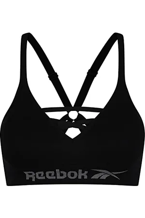 Reebok Damski biustonosz bezszwowy damski, rozciągliwy sportowy krótki top w stylu wyścigowym z tyłu w czarnym biustonoszu, , XS UK, , XS