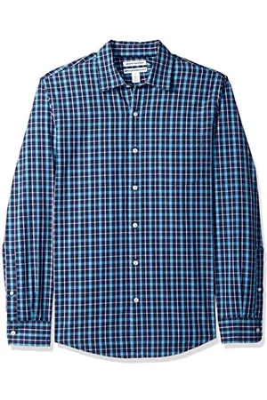 Amazon Męska koszula z długim rękawem z popeliny slim fit, granatowa krata, XXL