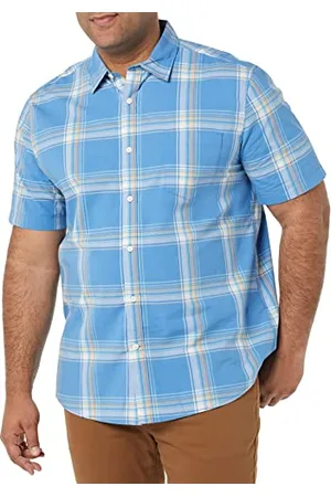 Amazon Męska koszula z krótkim rękawem ze stretchem z popeliny (dostępna w dużych i wysokich), niebieska brzoskwiniowa krata, rozmiar 6XL, duża