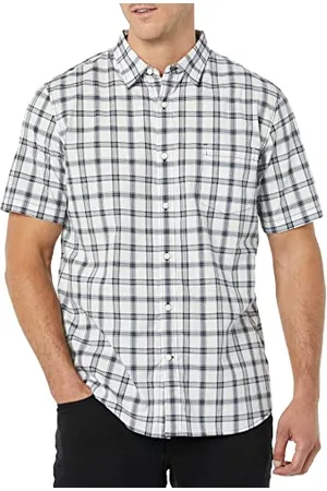 Amazon Męska koszula z krótkim rękawem z popeliny slim fit, granatowa biała krata, XXL