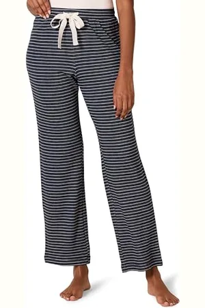 Amazon Damskie lekkie spodnie piżamowe Lounge, frotte, granatowe białe mini paski, XL