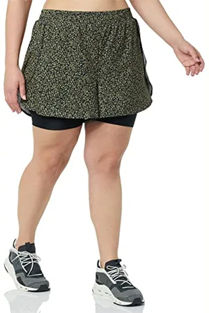 Amazon Damskie rozciągliwe tkane dwuwarstwowe spodenki do biegania, czarne abstrakcyjne kwiaty, 6X