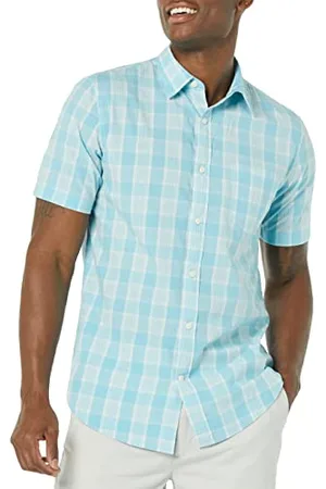 Amazon Męska koszula z krótkim rękawem z popeliny slim fit, jasnoniebieska biała krata, XS