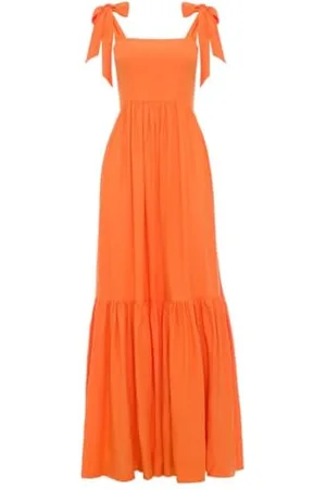 Swing Pomarańczowa długa sukienka maxi Dreamy z kokardkami na ramiączkach | rozmiar M/L, , L