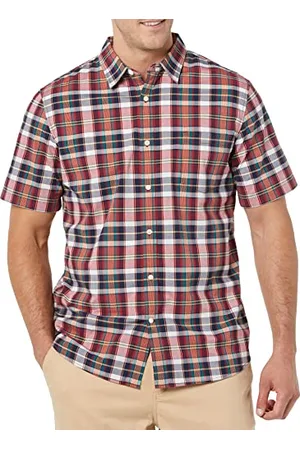 Amazon Męska koszula z krótkim rękawem z popeliny slim fit, granatowo-czerwona biała krata, L