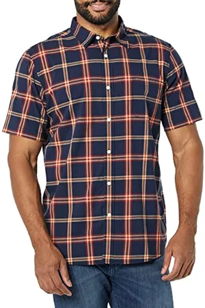 Amazon Męska koszula z krótkim rękawem z popeliny slim fit, granatowa krata, XL