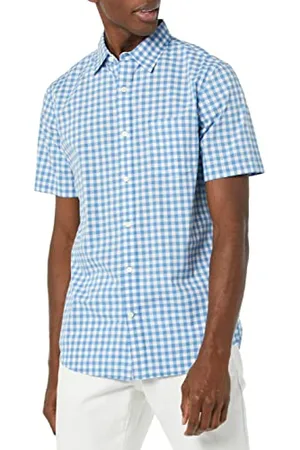 Amazon Męska koszula z krótkim rękawem z popeliny slim fit, jasnoniebieska biała krata, S