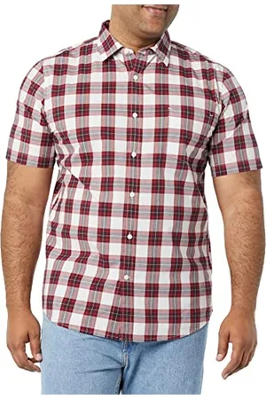 Amazon Męska koszula z krótkim rękawem z popeliny slim fit, czerwona krata, L