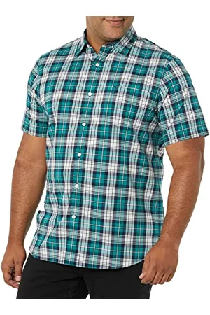 Amazon Męska koszula z krótkim rękawem z popeliny slim fit, turkusowo-niebieska biała krata, S