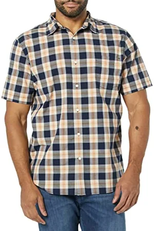 Amazon Męska koszula z krótkim rękawem z popeliny slim fit, granatowa złota krata, S