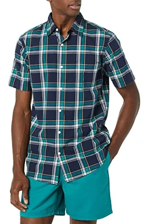Amazon Męska koszula z krótkim rękawem z popeliny slim fit, granatowa krata, rozmiar M