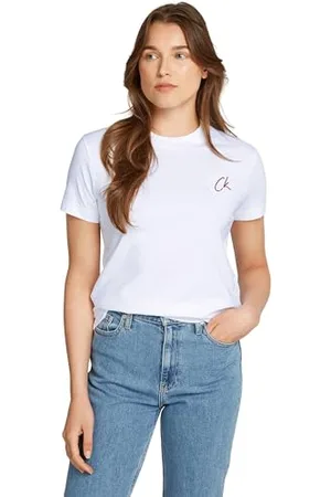 Calvin Klein Damska koszulka z krótkim rękawem, okrągły dekolt, regularny krój, haftowana koszulka, , XXS