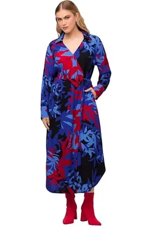 Ulla Popken Odzież damska Plus Size Curvy Długi rękaw Wrap Look Bold Floral Dress 820587, , 58-60
