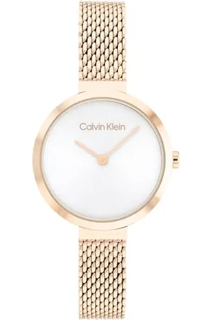Calvin Klein Analogowy zegarek kwarcowy dla kobiet z goździkiem złota bransoletka z siatki ze stali nierdzewnej - 25200083, Srebrny biały, bransoletka