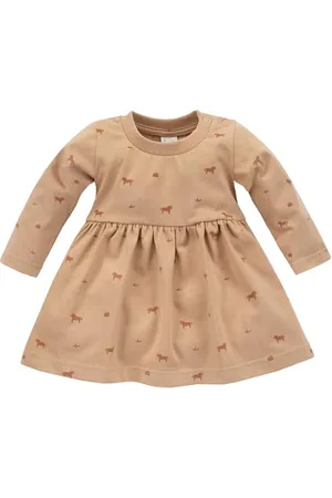 Pinókio Sukienka drewniana kucyk, 95% bawełna organiczna, 5% elastan, brązowa z nadrukiem Horses Print, Girls 62-86 (62), , 62 cm