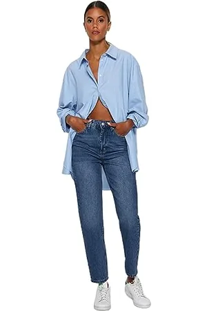 Trendyol Dark Blue High Waist Mom Jeans TWOAW24JE00076, ciemnoniebieskie, 40, , 40