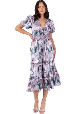 Lovedrobe Damska sukienka midi z dekoltem w serek krótki rękaw Puff Wrap koszula talia kwiatowy nadruk Ruffle Fit and Flare Wedding Guest, liliowy 36, , 34