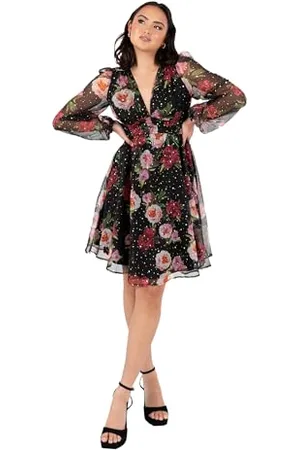 Lovedrobe Damska mini sukienka z dekoltem w serek, długie rękawy, nadruk kwiatowy, elastyczna talia linia A Party Evening Occasion, czarna, 36, , 36