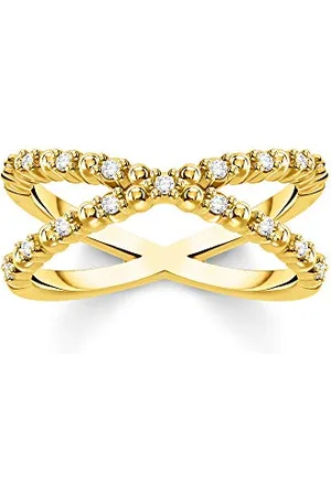 Thomas Sabo Damen Ring in X-Form aus 925er Sterling-Silber mit 750er Gelbgold Vergoldung und Zirkonia-Steinen, Gr: 56, TR2318-414-14-56