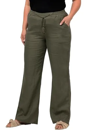 Ulla Popken Damskie duże rozmiary plus size lniane spodnie Mary, elastyczny ściągacz, szerokie, proste nogawki lodengreen 52 728590190-52, , 42W / 32L