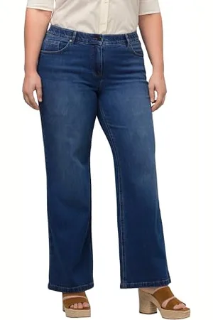 Ulla Popken Marlenejeans damskie Mary, szerokie nogawki, komfortowy ściągacz, bawełna ekologiczna jeans jeans, niebieski (Dark Blue Denim), 53W / 32L
