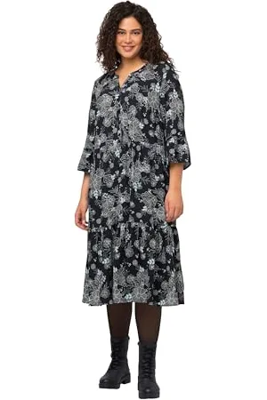 Ulla Popken Odzież damska plus size krzywego szkic kwiatowy nadruk wycięcie dekolt wielowarstwowa sukienka 824475, granatowy, 46-48