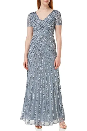Maya Deluxe Damska sukienka maxi, damska, z wyszywanymi cekinami, z długim rękawem, dekolt w serek, wysoka talia, krój A, błyszcząca, na studniówkę, wesele, dla druhny, , 56