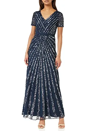 Maya Deluxe Damska sukienka maxi, damska, z wyszywanymi cekinami, z długim rękawem, dekolt w serek, wysoka talia, krój A, błyszcząca, na studniówkę, wesele, dla druhny, , 44