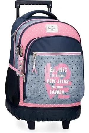 Pepe Jeans Noni Denim plecak szkolny, niebieski i różowy, wykonany z poliestru, regulowane paski na ramię dla wygodnego noszenia, różne przegrody z brelokiem do kluczy z pomponem, od Joumma Bags