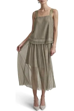 DKNY Damska bluzka z krótkim rękawem, plisowana siateczka, jasnożółta, rozmiar L, , L