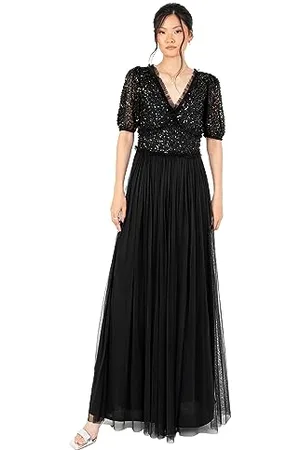 Maya Deluxe Damska sukienka maxi, dekolt w serek, z krótkim rękawem, z wybitym tiulem, dla gości weselnych, na bal, , 52