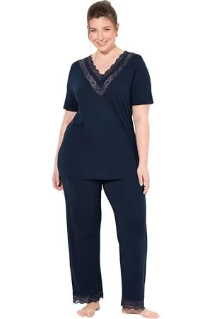 Ulla Popken Piżama damska, duże rozmiary, plus size, koronka, dekolt w serek, rękawy do połowy, kieszenie, , 54-56