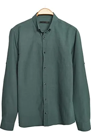 Trendyol MAN Ciemnozielona koszula slim fit z kołnierzem na guziki ze 100% bawełny i pagonami TMNSS20GO0189, S, , S