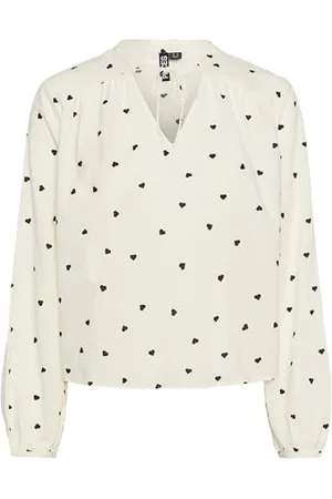 Pieces® Pcnine Ls V-Neck Top BC Koszulka z długim rękawem, Egret/AOP: serca, XL Kobiety, , XL