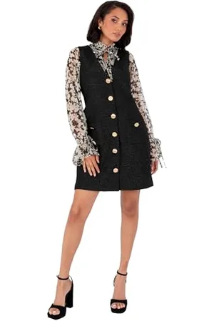 Lovedrobe Damska mini sukienka bez rękawów, dekolt w serek, Pinafore, różowa, kwiatowa, żakardowa, złota, guziki, na co dzień, do biura, czarna, rozmiar 48, , 48
