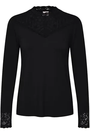 Cream Damska bluzka Top Lace Detale Jersey Długi Rękaw Slim Fit, Pitch Czarny