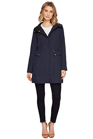 Cole Haan Womens Packable Hooded Jacket With Bow Raincoat, Indigo, Small US