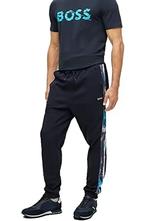 HUGO BOSS Męskie spodnie do biegania Hurley Relaxed-Fit z wzorzystymi wstawkami z logo, Dark Blue402, XL