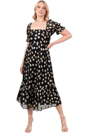 Lovedrobe Damska sukienka midi damska kwadratowy dekolt krótki Puff Sleeves Star Print Tie Back A-Line Cocktail Party Evening, 48, , 46