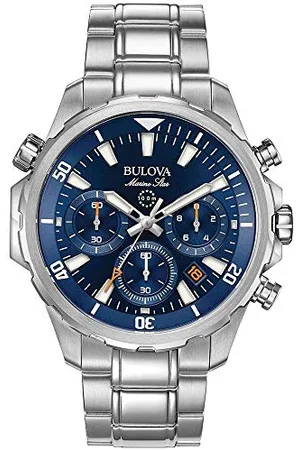 BULOVA Marine Star 96B256 - męski designerski zegarek na rękę - bransoletka ze stali nierdzewnej - wodoszczelna - niebieska tarcza, srebrny/niebieski, bransoletka