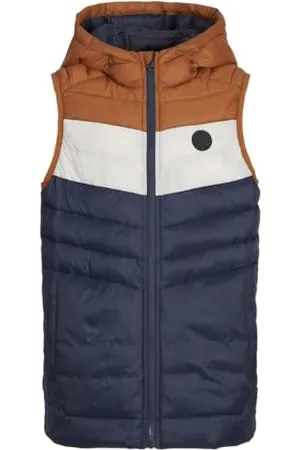 JACK&JONES JUNIOR Chłopięca kamizelka puchowa JJESPRINT Hood NOOSMNI, granatowa marynarka/szczegóły: Mocha Bisque/Moonbeam Blocking, 104, Navy Blazer/Szczegóły: mocha Bisque/Moonbeam Blocking, 104