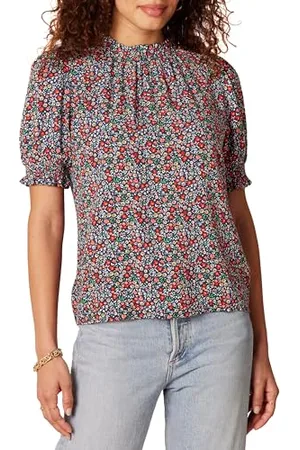 Amazon Damska koszula Fluid Twill z krótkim bufiastym rękawem, granatowy nadruk, XXL