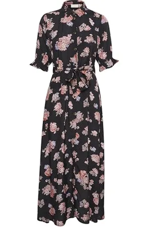 Kaffe Damska sukienka Maxi z wiązanym pasem 3/4 rękawami Classic Collar Front-Buttons Casual, Black Deep, 34