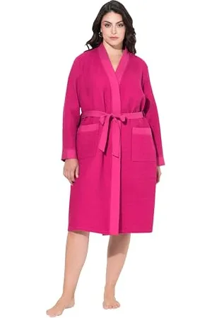 Ulla Popken Szlafrok damski, duże rozmiary, plus size, kołnierz szalowy, pasek, piqué waflowy, długi rękaw, , 54-56