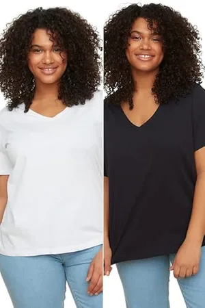 Trendyol Damska damska damska regularna standardowa koszulka z dekoltem w serek z dzianiny plus size, wielokolorowa, 4XL, , 4XL