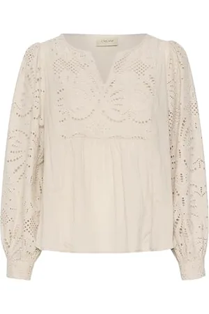 Cream Damska bluzka z długim rękawem V-Notch Neck Relaks Fit Koronkowe detale damskie, , 36