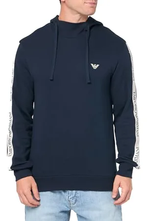 Emporio Armani Kultowy sweter z kapturem frotte z długim rękawem w kolorze morskim, , XL