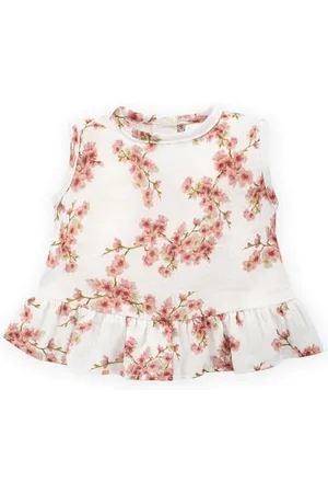Pinókio Podkoszulek bez rękawów Summer Mood, 100% bawełna organiczna, ecru z kwiatami, dziewczynki 74-104 (74), , 74 cm